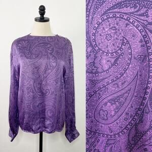 Vintage Salvatore Ferragamo Paisley Blouse Purple Silk 80s Work Boho Size 10